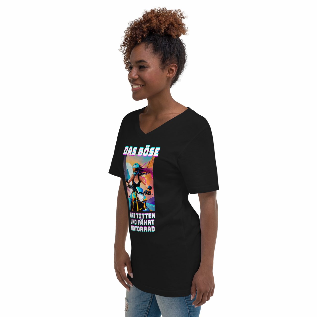 Das Böse Kurzärmeliges Unisex-T-Shirt mit V-Ausschnitt schwarz – Bild 2