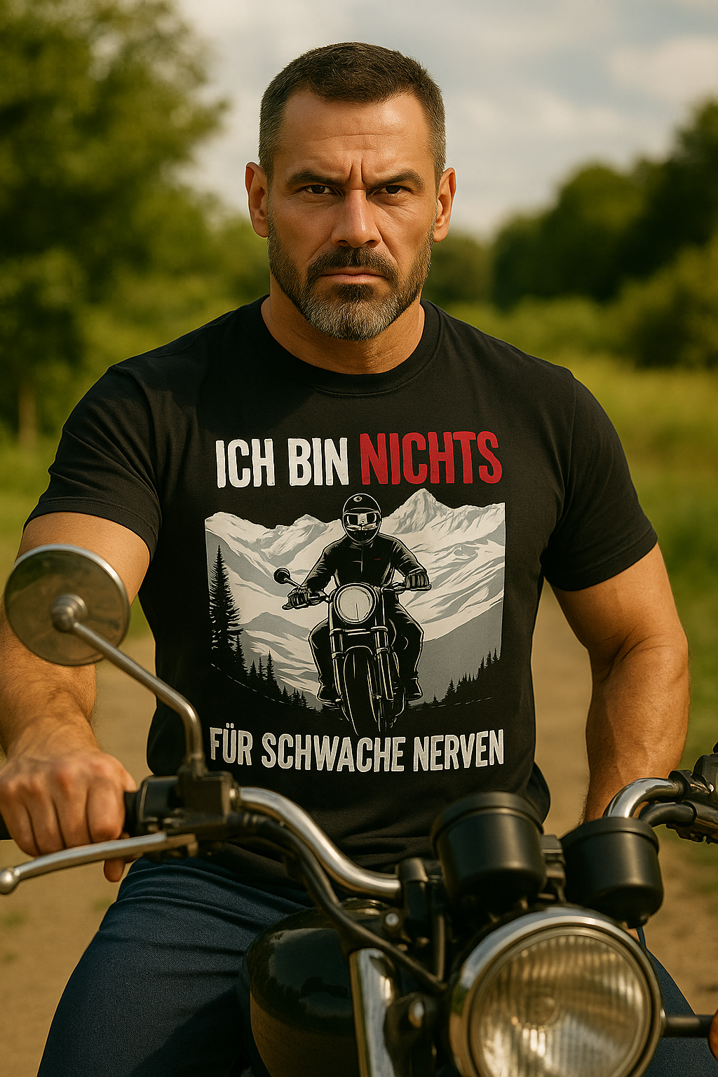 Ein muskulöser, mittelalter Mann mit strengem Blick sitzt auf einem schwarzen Motorrad vor einer sonnigen, grünen Landschaft. Er trägt ein schwarzes T-Shirt mit der Aufschrift „Ich bin nichts für schwache Nerven“ sowie einer Illustration eines Motorradfahrers vor Bergen. Die Szene strahlt Entschlossenheit und Stärke aus.
