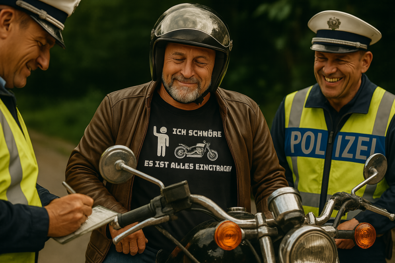 Ein älterer Motorradfahrer mit Helm und brauner Lederjacke sitzt auf seinem Motorrad und lächelt verschmitzt, während zwei Polizisten in Uniform und Warnweste lachend neben ihm stehen. Der Mann trägt ein schwarzes T-Shirt mit dem Aufdruck „Ich schwöre, es ist alles eingetragen“ und einer Grafik von einem Motorrad und einer Figur mit erhobener Hand. Die Szene wirkt humorvoll und entspannt.