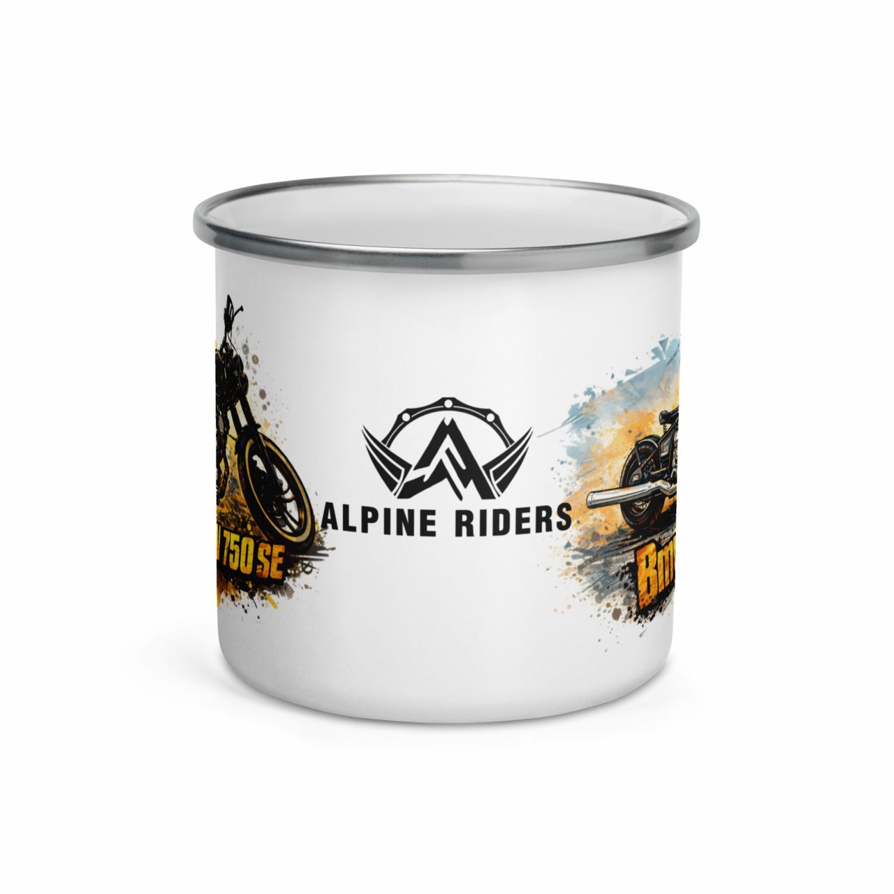 Alpine Riders Emaille-Tasse – Custom Bikes & Community Spirit