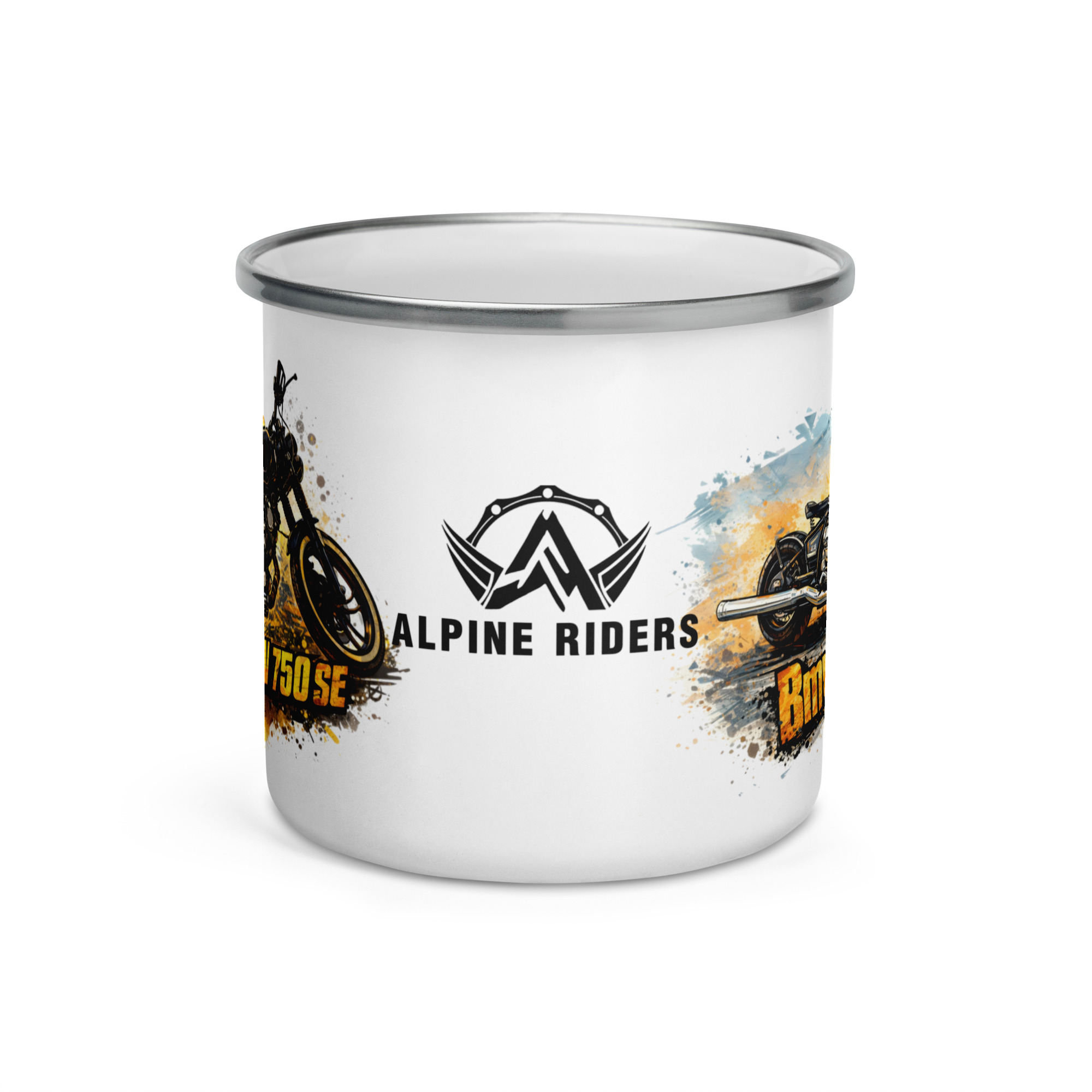 Alpine Riders Emaille-Tasse – Custom Bikes & Community Spirit